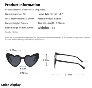 Tableau des tailles détaillé pour lunettes de soleil enfant cœur avec dimensions
