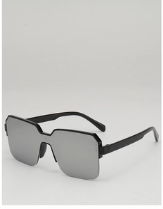 Macro detail of square sunglasses with silver mirror lenses and glossy black frame