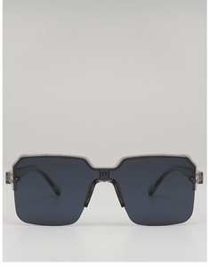 Close-up of square semi-rimless sunglasses with grey translucent frame and silver metal trim