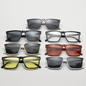 Detailed flat lay of square frame sunglasses showing seven different color options