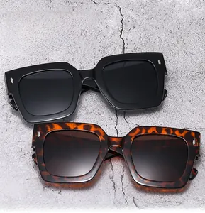 Close-up of square sunglasses in classic black and leopard print textures on stone base