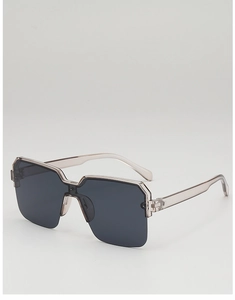 Detail of trendy tea-gray transparent semi-rimless frames and dark polarized lenses