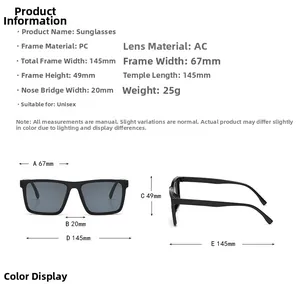 Size chart showing PC frame and AC lens dimensions for these retro square sunglasses