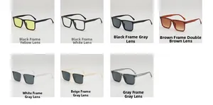 Collage of square sunglasses in seven color combinations from black to white frames