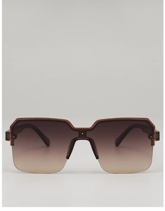 Detailed view of square rimless sunglasses with brown gradient lenses and amber frame