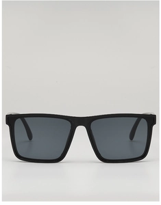 Front view detail of classic black square sunglasses with polished frames and dark lenses