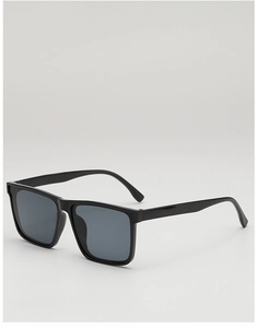 Detail shot of classic square black frame sunglasses with dark grey UV protective lenses