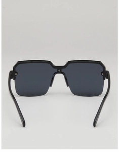 Macro view of black oversized square sunglasses featuring polished geometric frames