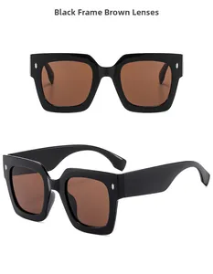 Detail of square black frame sunglasses with tea lenses and silver rivet accents