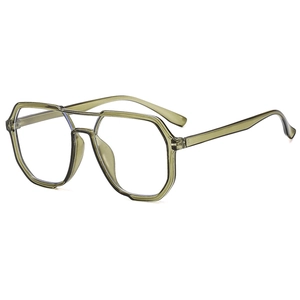 Modern double-bridge oversized geometric polygon eyeglasses in transparent dark green