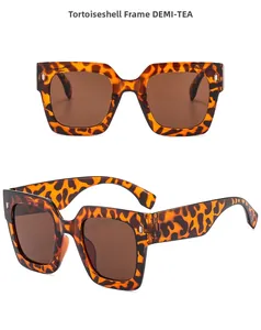 Detailed views of demi-tea square sunglasses with tortoise pattern and metal rivets