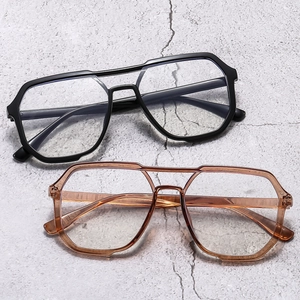 Modern double bridge oversized polygonal glasses frames in black and transparent amber