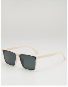 Detail view of square off-white frame sunglasses with dark grey lenses at a 45-degree angle