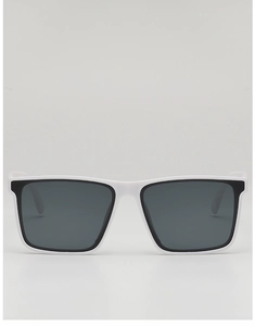 Detailed front view of white thick-frame retro sunglasses with dark gray lenses
