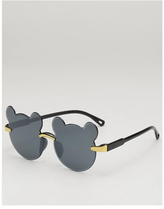 Detail of bear-ear shaped kids sunglasses with gold metal accents and dark grey lenses