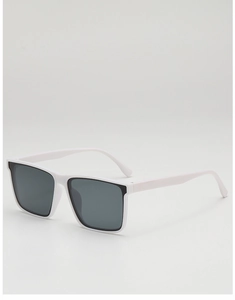 Detail view of stylish white square frame sunglasses with dark lenses and minimalist design