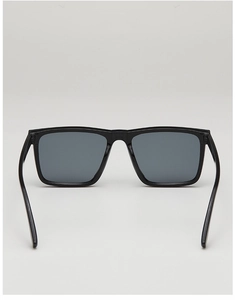 Detailed interior view of black square frame sunglasses with dark grey lenses and smooth arms