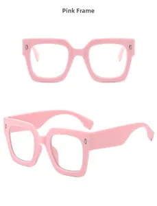 Detailed views of pink square frame sunglasses with transparent lenses and silver accents
