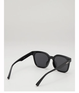 Nahaufnahme der schwarzen quadratischen Sonnenbrille mit silbernen Akzenten am Brillenbügel