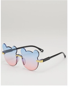 Detail of bear-shaped gradient lenses with stylish golden metal hinges and matte black frame