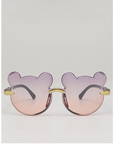 Detail of bear-shaped gradient purple lenses with gold metal nose bridge on kids sunglasses