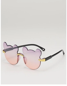 Detail of bear-shaped sunglasses for kids with purple pink gradient lenses and gold bridge