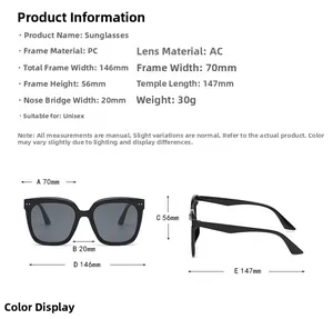 Detailed size chart for square frame sunglasses with frame width and arm length specs