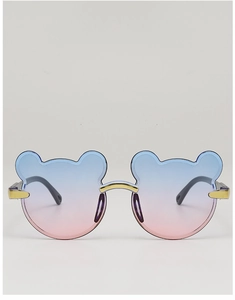 Detail of bear-ear shaped kids sunglasses with blue-pink gradient lenses and gold nose bridge