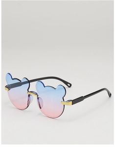 Detail of bear-shaped sunglasses featuring blue-pink gradient lenses and gold bridge