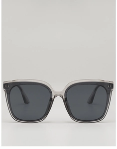 Close-up of square translucent gray frame with silver rivets and black sun lenses