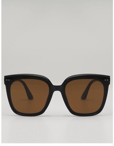 Detail of glossy black square sunglasses with silver rivets and brown tinted lenses