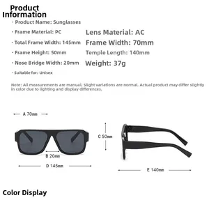 Tableau des tailles détaillé pour lunettes de soleil carrées avec monture en PC et AC