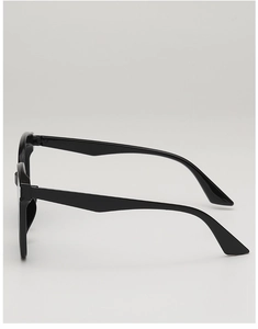 Side view detail of black square frame sunglasses featuring thick temples and glossy finish
