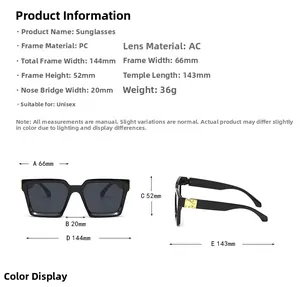Detailed size chart of square frame sunglasses with PC frame and AC lens dimensions