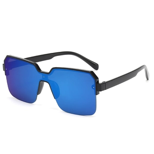 Square oversized sunglasses with blue mirrored lens and black frame in a 45-degree angle view
