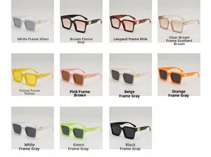 Detail showing colorful square thick frame sunglasses with decorative gold hollow hinges