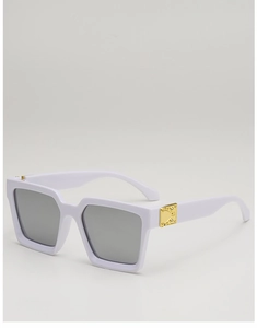 Detail of white square frame sunglasses with golden metal texture on the temples