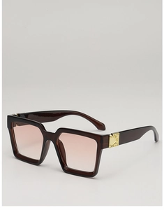 Detail of square sunglasses with coffee frames, gradient lenses and gold heart rivets
