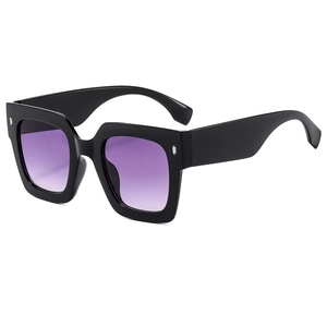 Fashionable oversized square sunglasses with black frames and purple gradient lenses