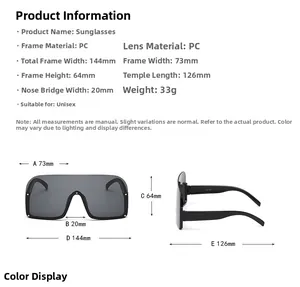 Size chart showing 144mm width and PC material details for semi-rimless sunglasses