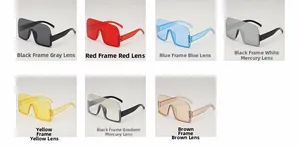 Close-up of oversized half-frame sunglasses in seven assorted lens and frame colors