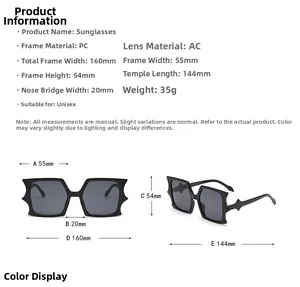 Detailed size chart for butterfly sunglasses showing frame dimensions and PC AC materials
