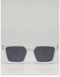 Detailed view of white square sunglasses with gold metal hinges and dark grey lenses