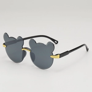 Cute bear-shaped cartoon sunglasses for kids with black frames and golden metal accents