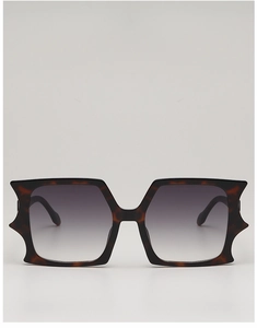 Detailed front view of oversized tortoiseshell sunglasses with grey gradient lenses