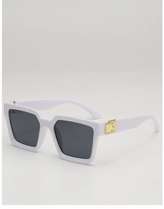 Detail of white square frame sunglasses with golden metal hinge and grey lenses