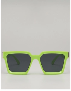Close-up of square neon green sunglasses featuring dark grey lenses and gold metal hinges