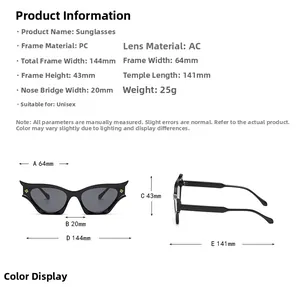 Detailed size chart for black cat eye sunglasses with gold temple accents and dimensions