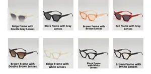 Cat-eye sunglasses collection in various colors including cream, tortoise, and brown