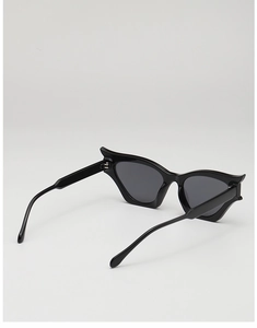 Detailed side view of glossy black cat-eye sunglasses with dark grey lenses